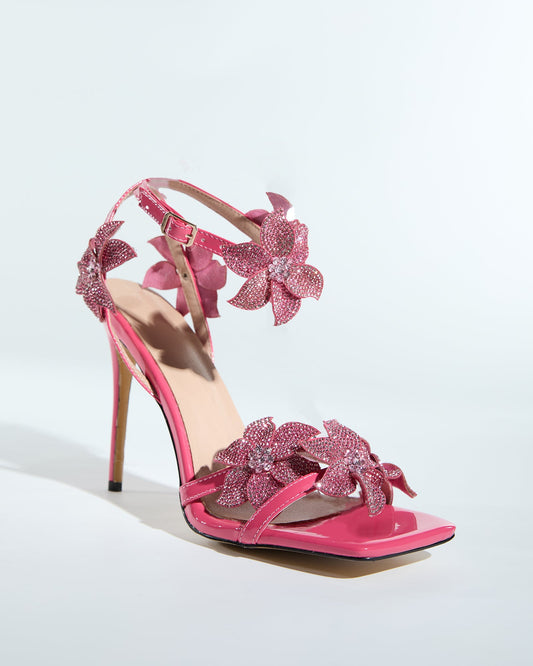 Ester Crystal Flower Strap Sandals In Hot Pink
