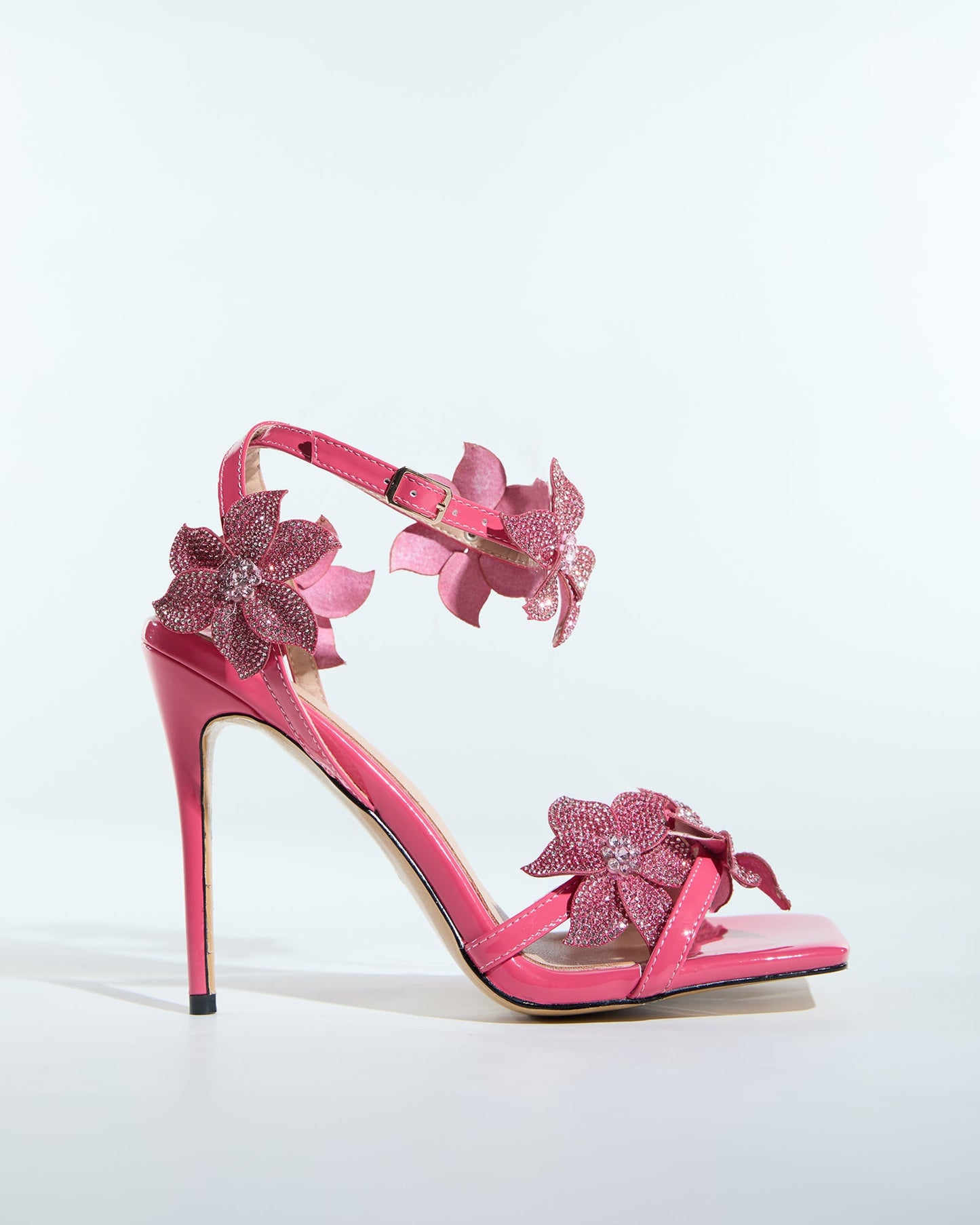 Ester Crystal Flower Strap Sandals In Hot Pink
