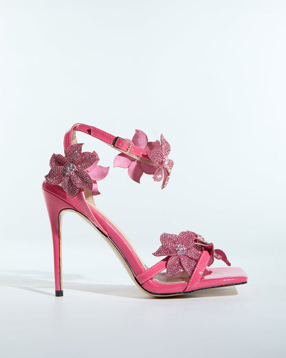 Ester Crystal Flower Strap Sandals In Hot Pink