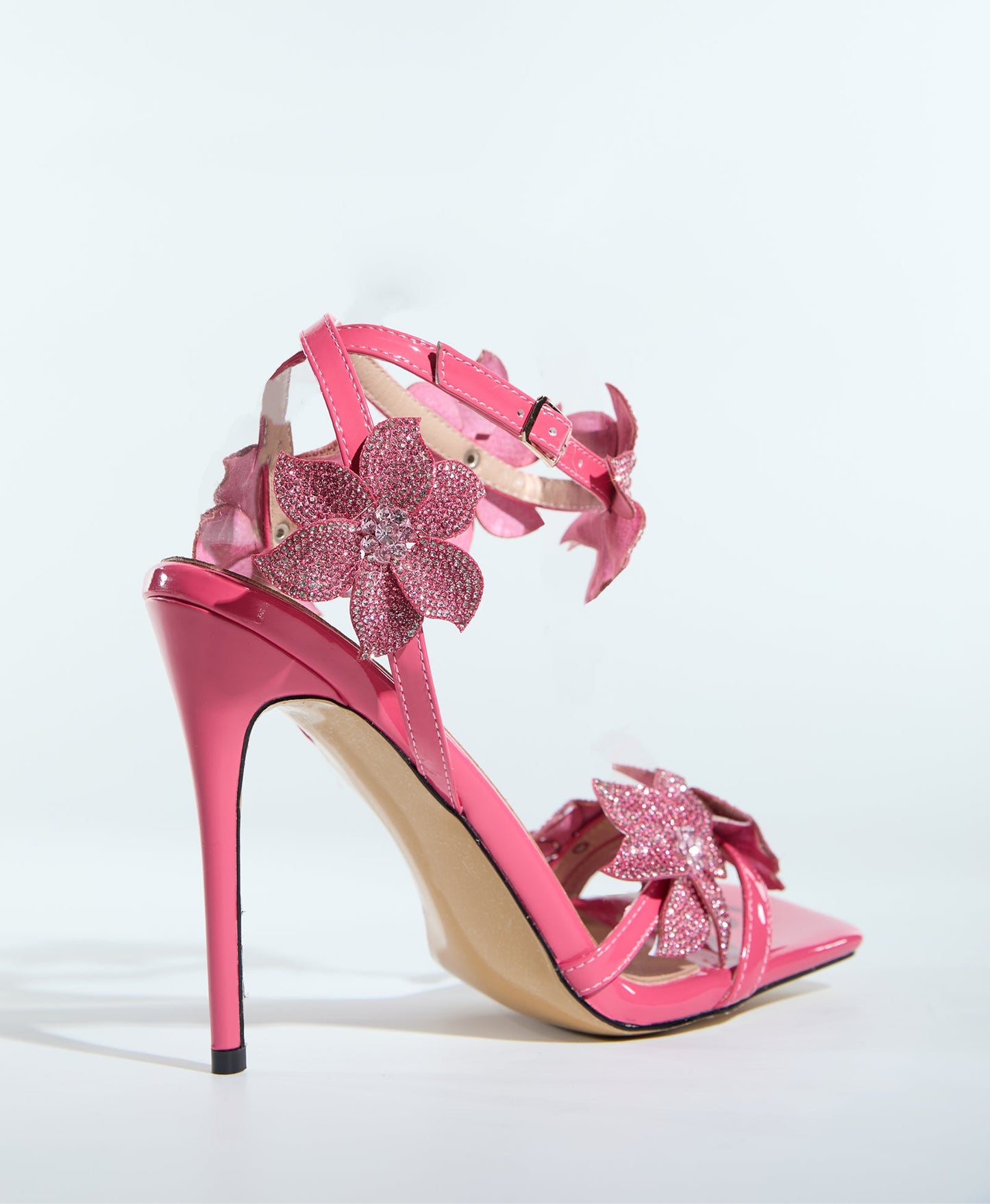 Ester Crystal Flower Strap Sandals In Hot Pink