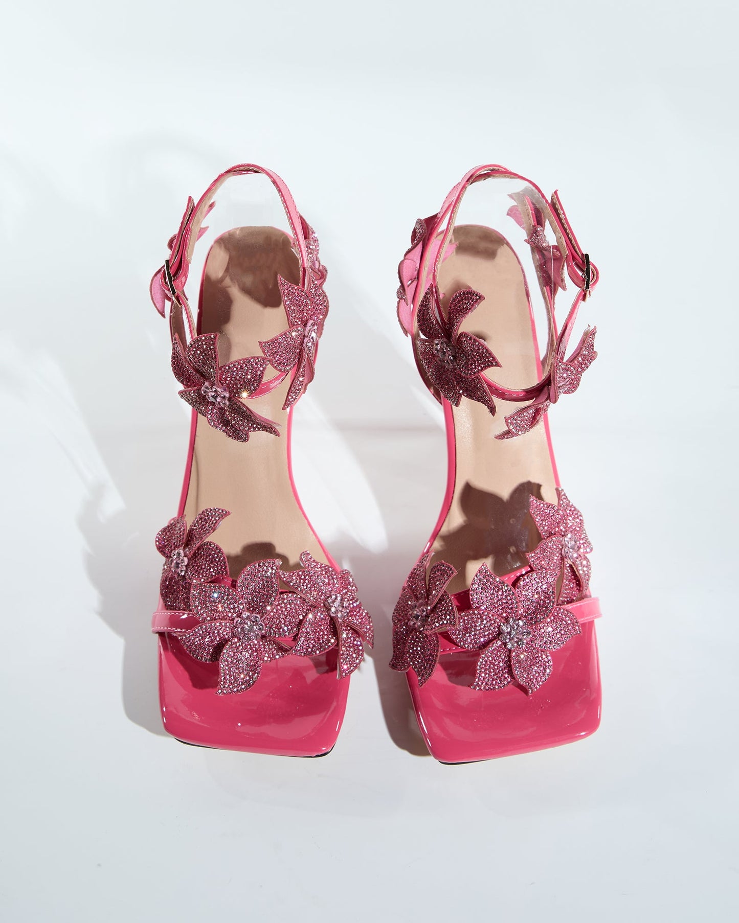 Ester Crystal Flower Strap Sandals In Hot Pink