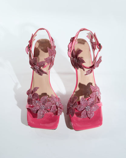 Ester Crystal Flower Strap Sandals In Hot Pink