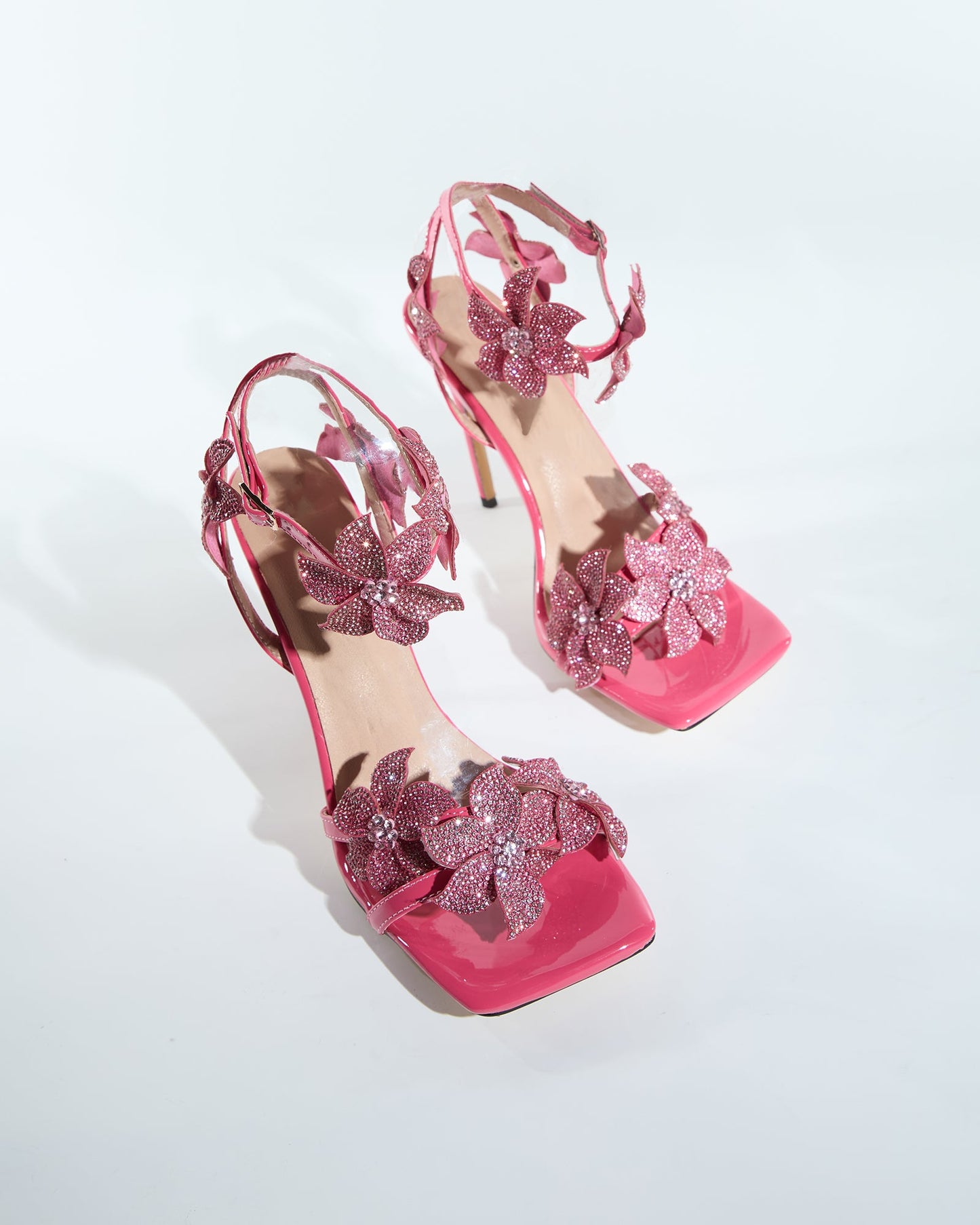 Ester Crystal Flower Strap Sandals In Hot Pink