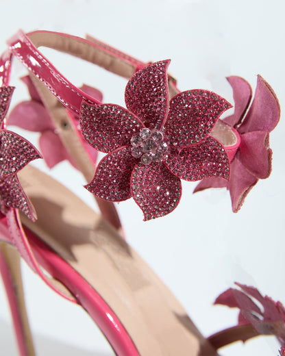 Ester Crystal Flower Strap Sandals In Hot Pink