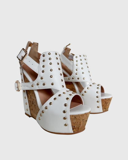 Ebele Studded Buckle Strap Wedge Sandals In White