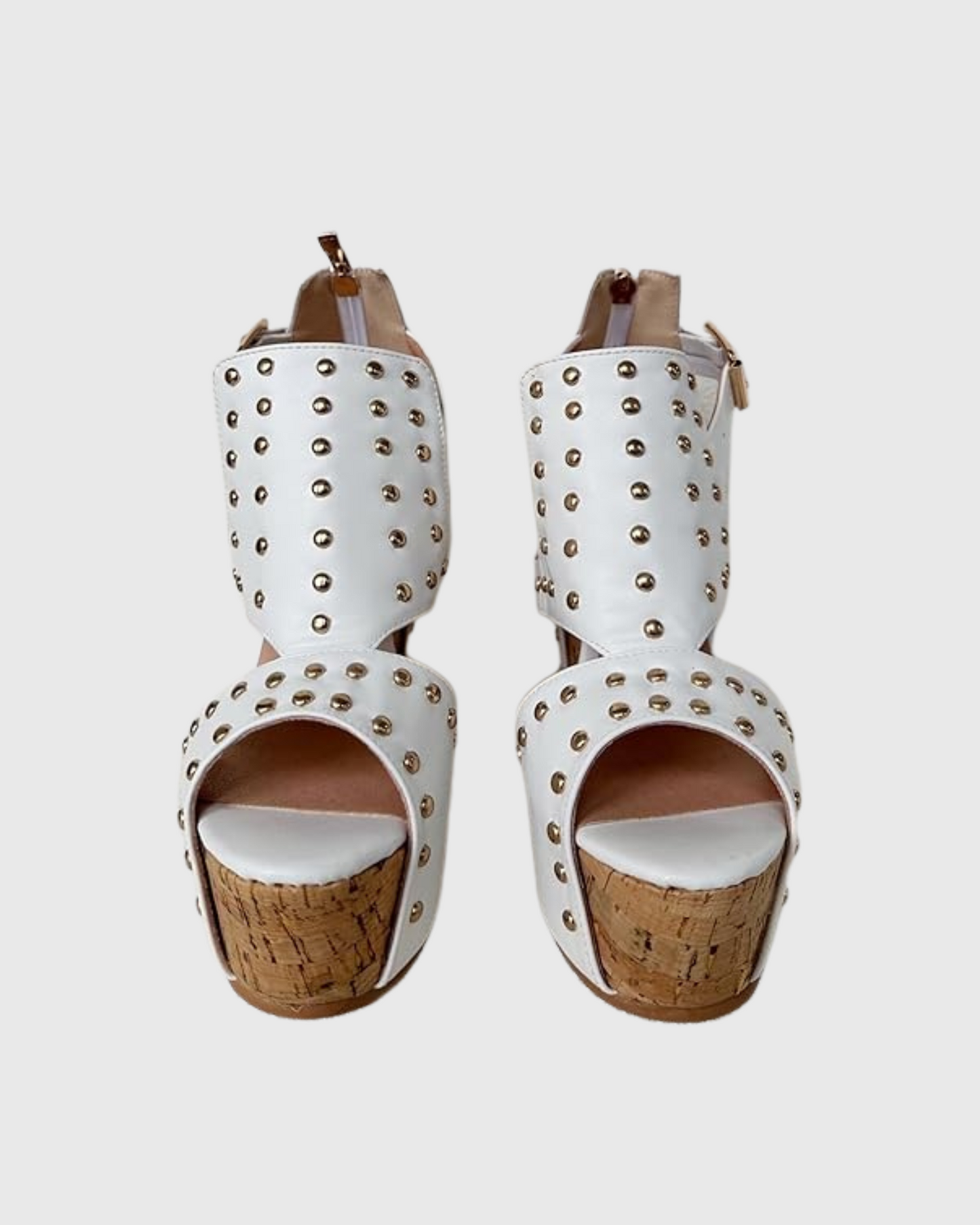 Ebele Studded Buckle Strap Wedge Sandals In White