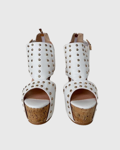 Ebele Studded Buckle Strap Wedge Sandals In White