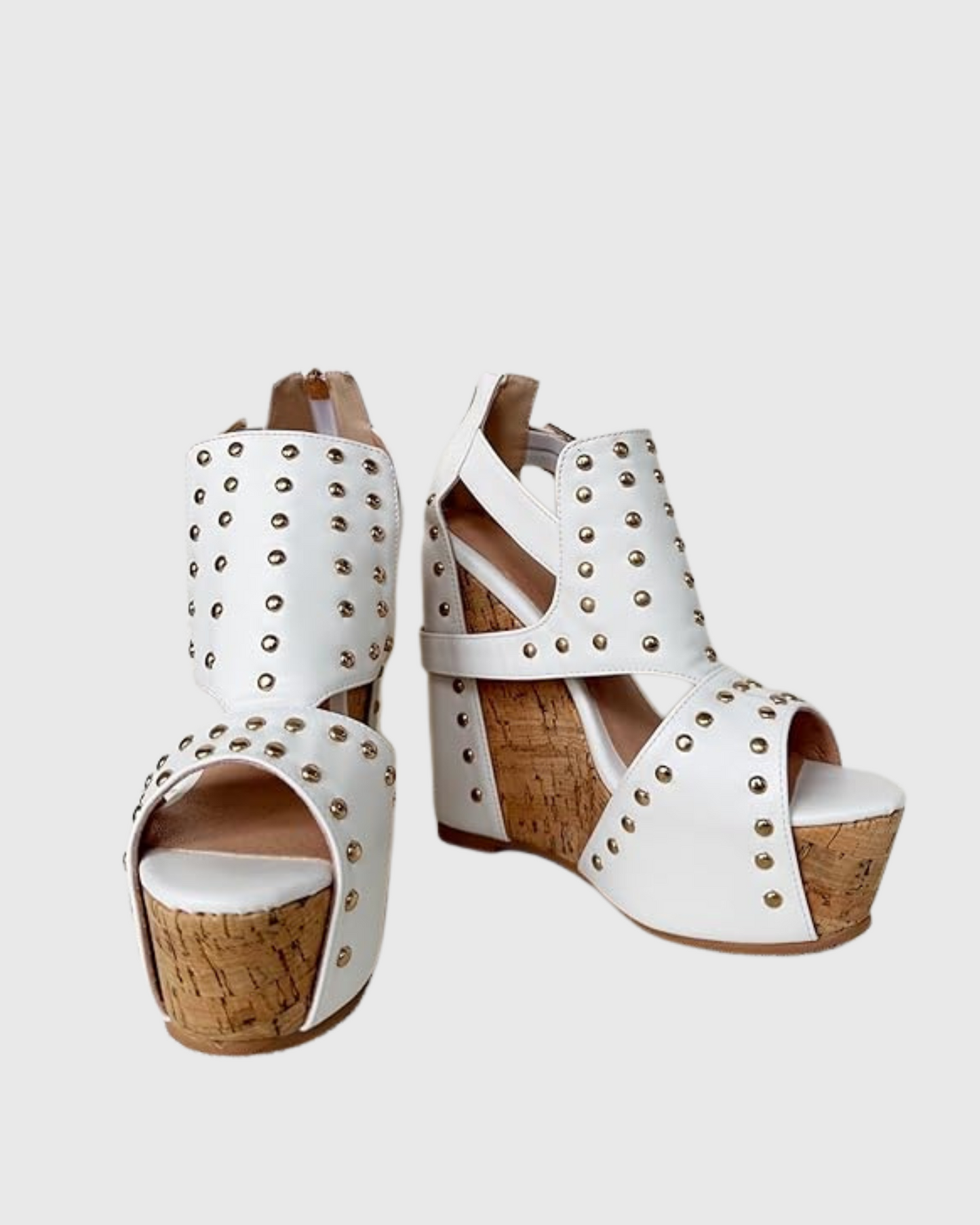 Ebele Studded Buckle Strap Wedge Sandals In White