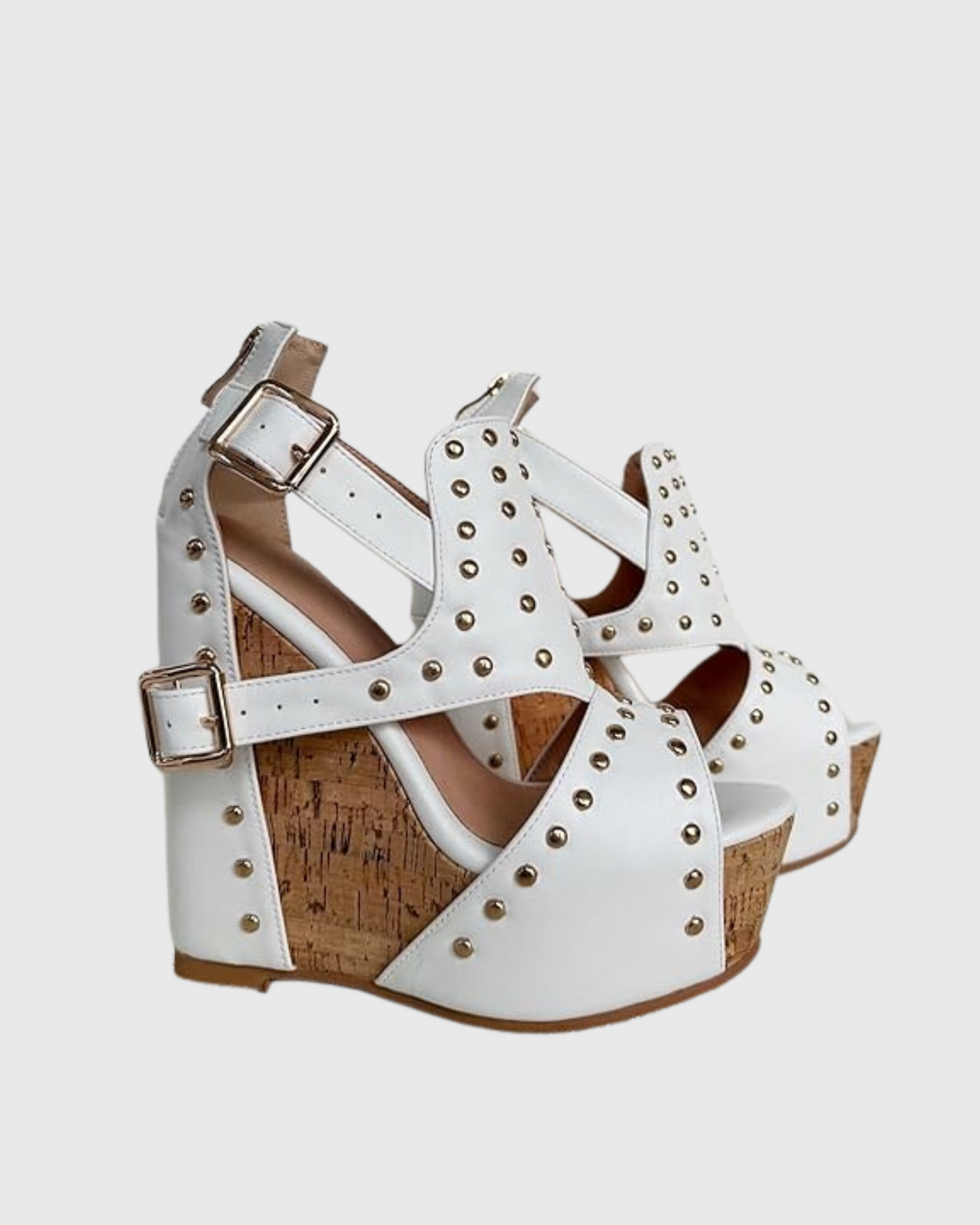 Ebele Studded Buckle Strap Wedge Sandals In White
