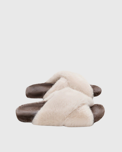 Ebru Cross Faux Fur Slippers In Brown