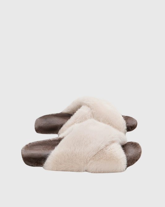 Ebru Cross Faux Fur Slippers In Brown