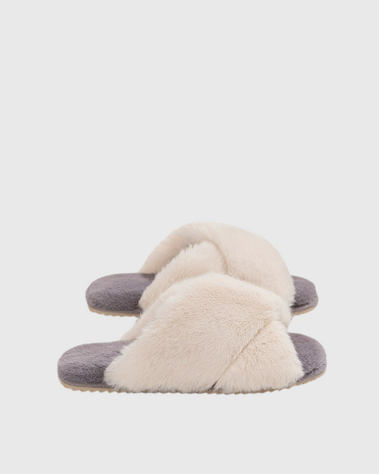 Ebru Cross Faux Fur Slippers In Grey
