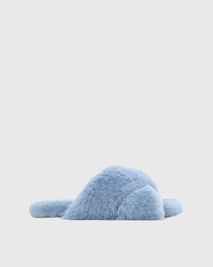 Ebru Cross Faux Fur Slippers In Blue