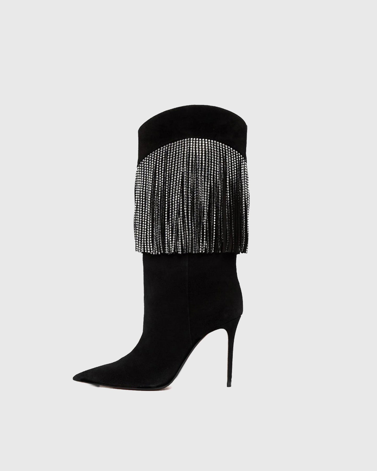Edetta Rhinestone Fringe Velvet  Mid Calf Boots