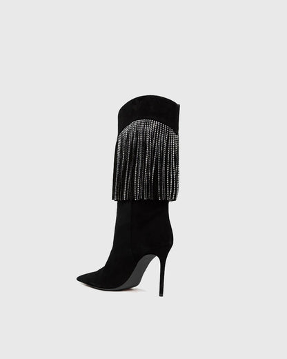 Edetta Rhinestone Fringe Velvet  Mid Calf Boots