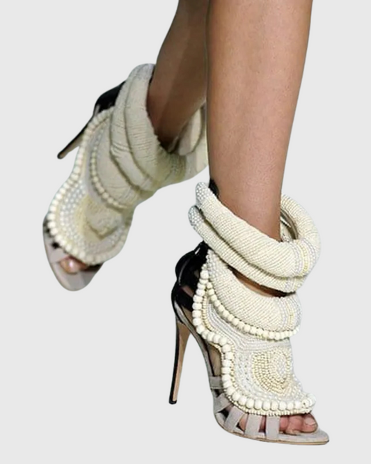 Edith Pearl Embellished Strap Sandals In Black And Beige