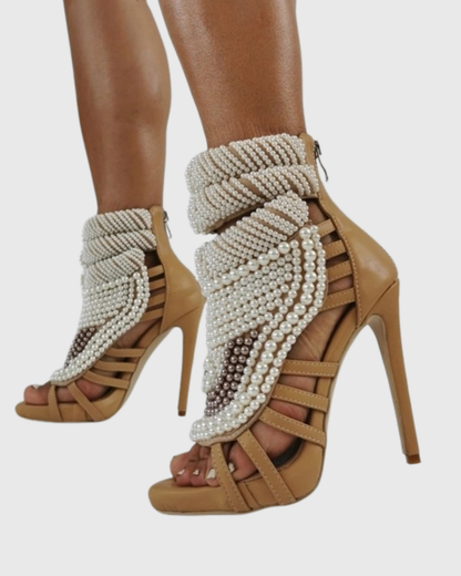 Edith Pearl  Embellished Strap Sandals In Mocha