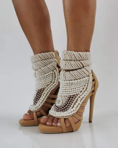 Edith Pearl  Embellished Strap Sandals In Mocha