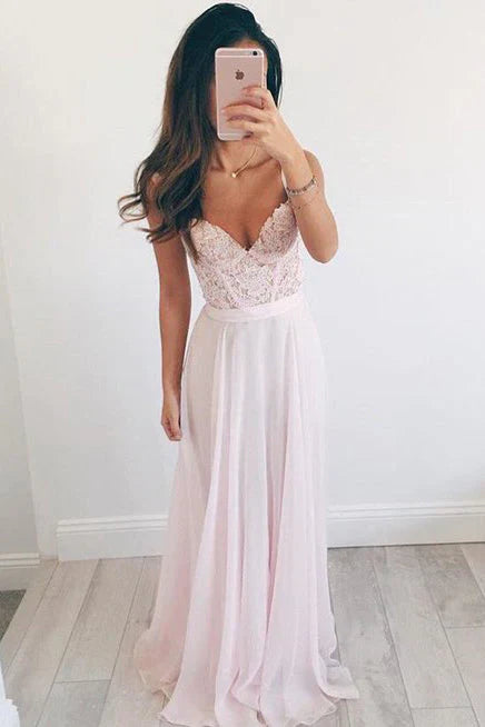 Elegant A-line V-neck Long Chiffon Pink Long Prom Dresses