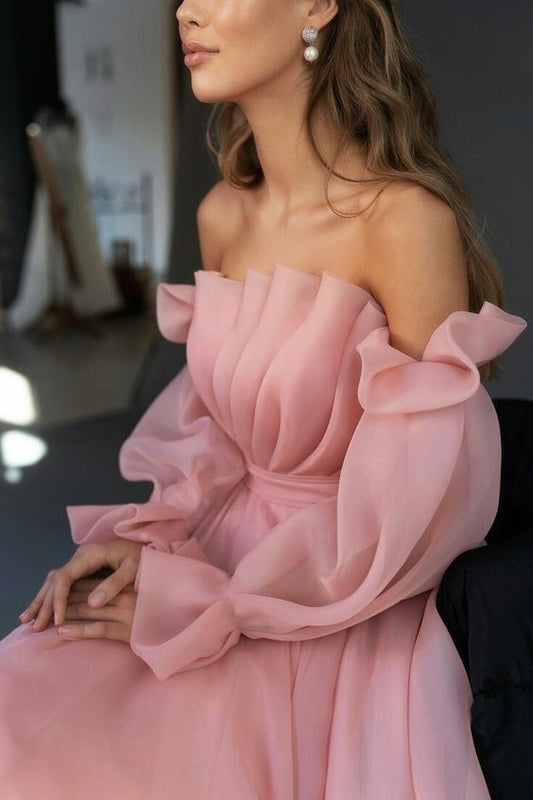 Elegant Blush Pink A-Line Party Dress, Pleated Ankle Length Prom Dress