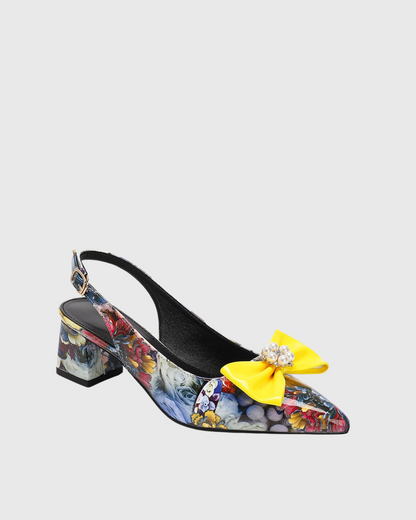 Elena Bow Floral Print Chunky Heels In Multi