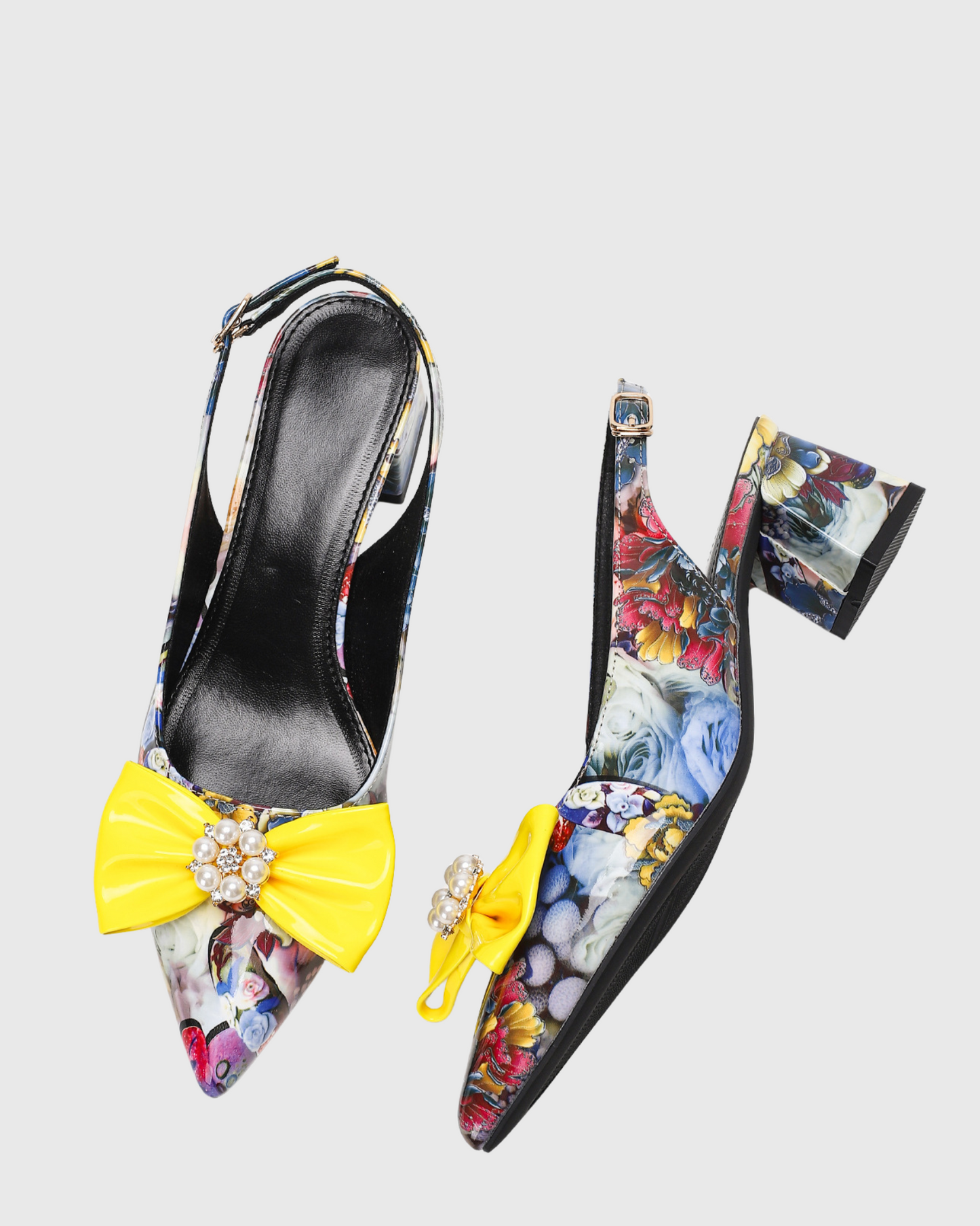 Elena Bow Floral Print Chunky Heels In Multi