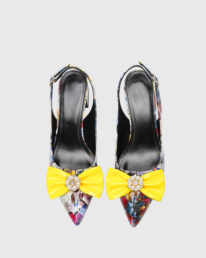 Elena Bow Floral Print Chunky Heels In Multi