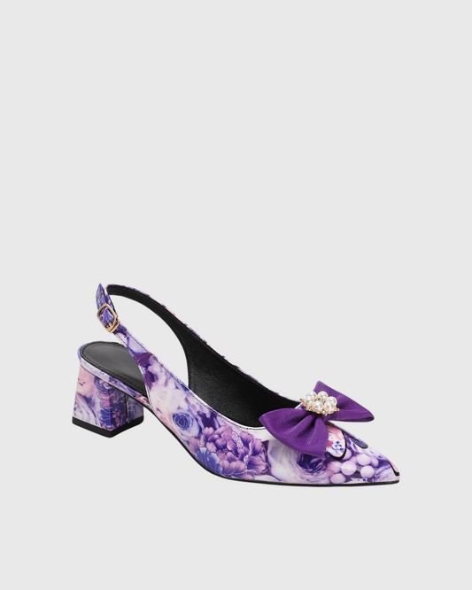 Elena Bow Floral Print Chunky Heels In Purple