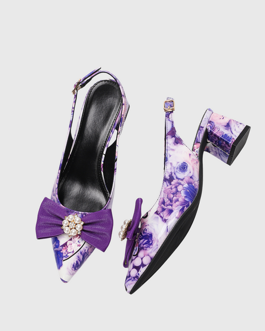 Elena Bow Floral Print Chunky Heels In Purple