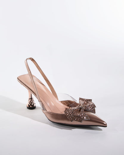 Elena Rhinestone Bow Flared Heels In Rose Gold