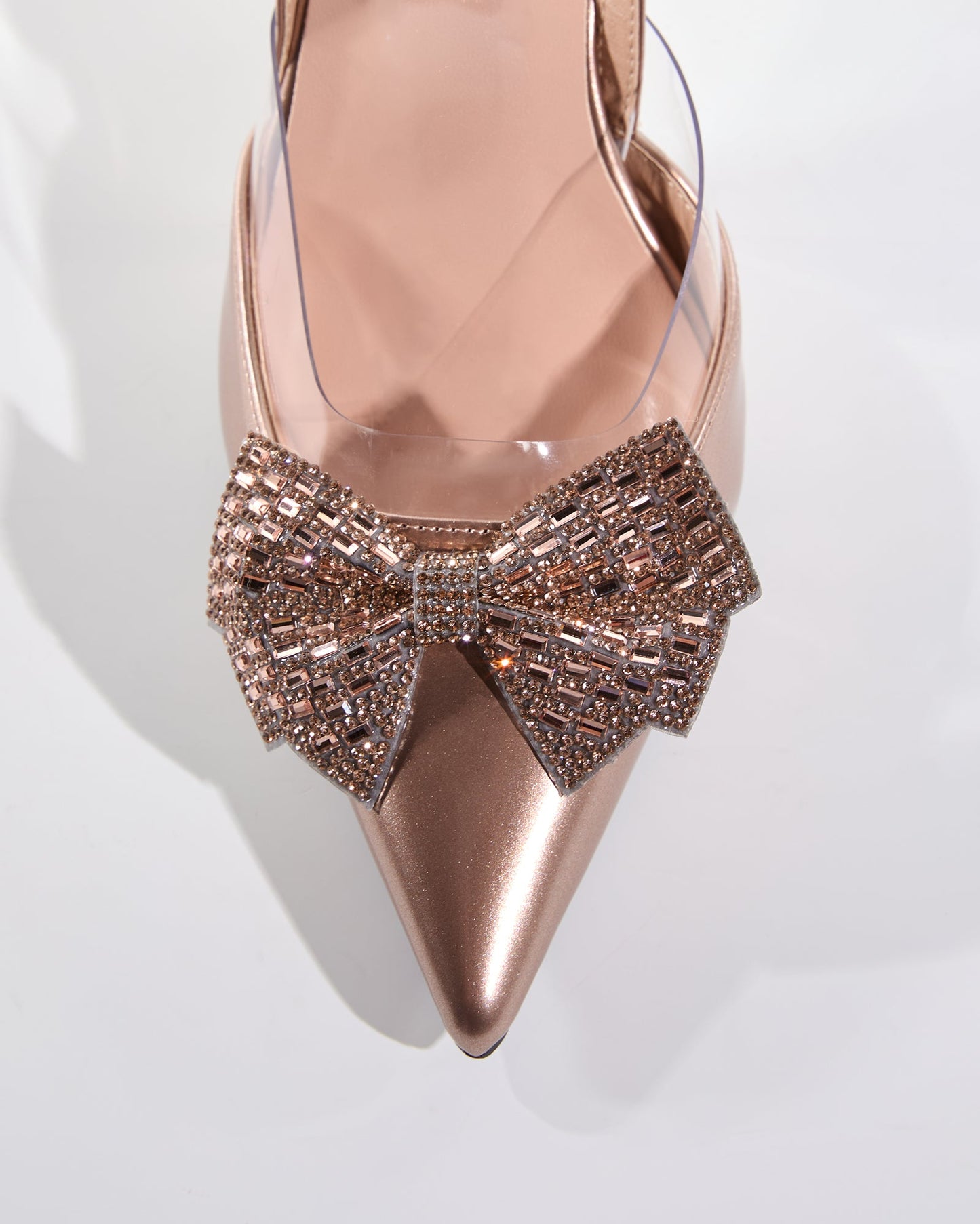 Elena Rhinestone Bow Flared Heels In Rose Gold