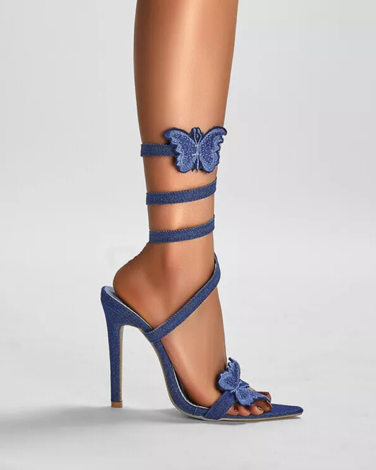 Elisa Denim Butterfly Embellished Snake Sandals
