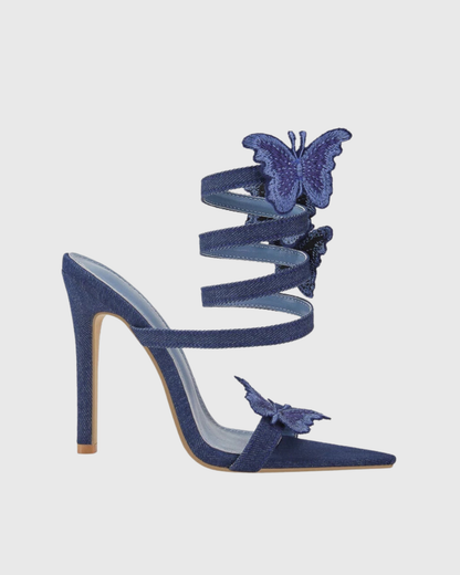 Elisa Denim Butterfly Embellished Snake Sandals