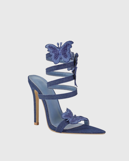 Elisa Denim Butterfly Embellished Snake Sandals