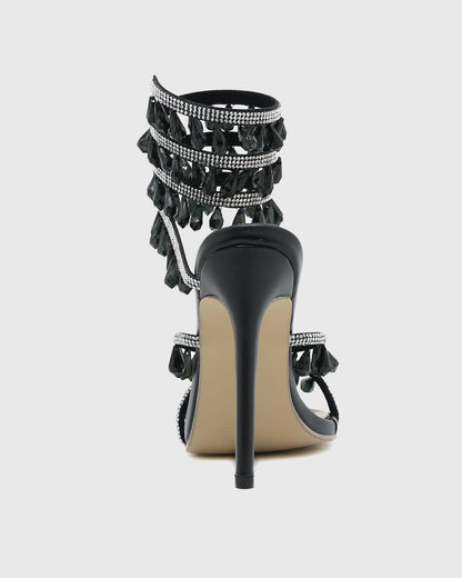 Elisa Diamond Fringe Snake Sandals In Black