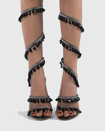 Elisa Diamond Fringe Snake Sandals In Black