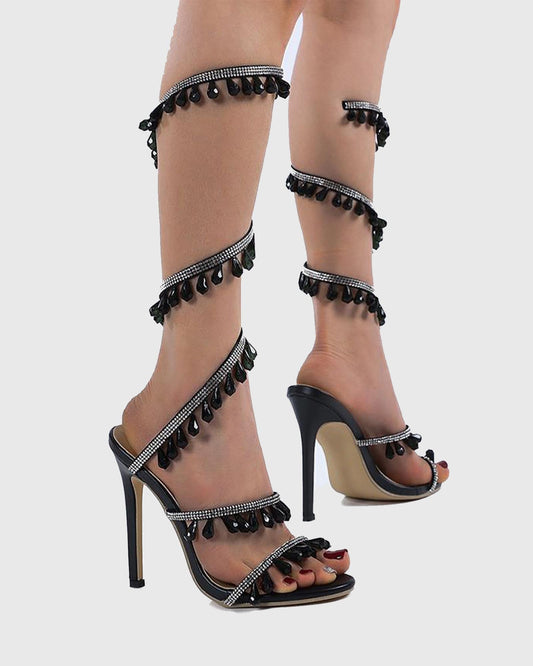Elisa Diamond Fringe Snake Sandals In Black
