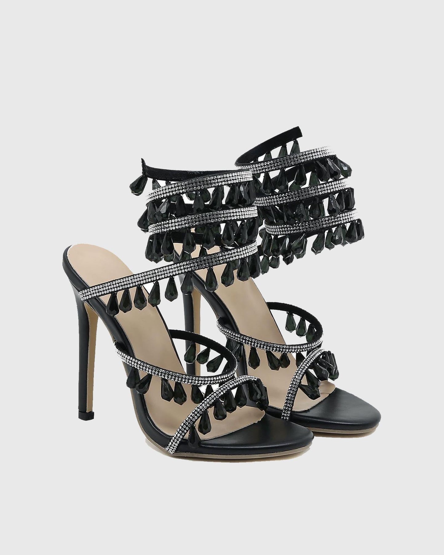Elisa Diamond Fringe Snake Sandals In Black
