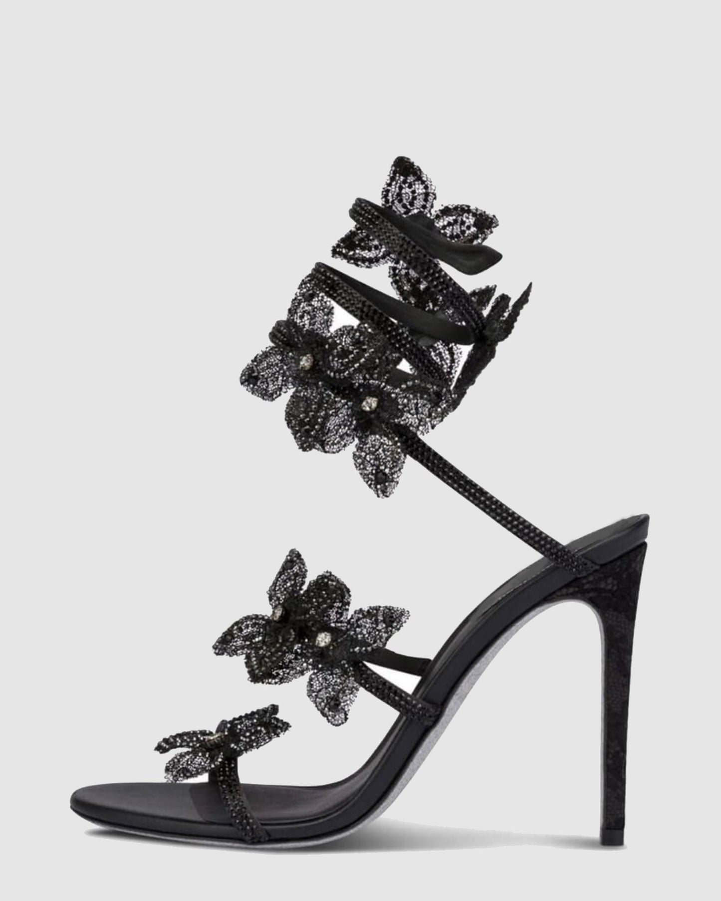Elisa Flower Embellished Snake Sandals In Black