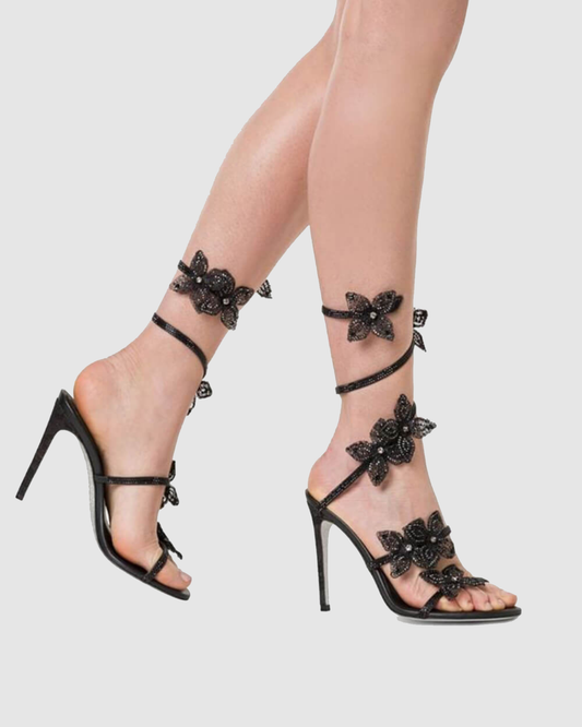 Elisa Flower Embellished Snake Sandals In Black