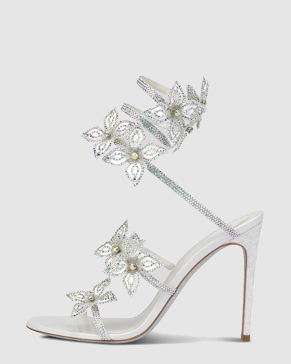 Elisa Flower Embellished Snake Sandals In White
