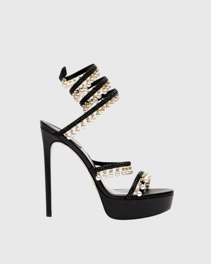 Elisa Pearl Fringe Snake Platform Sandals In Black