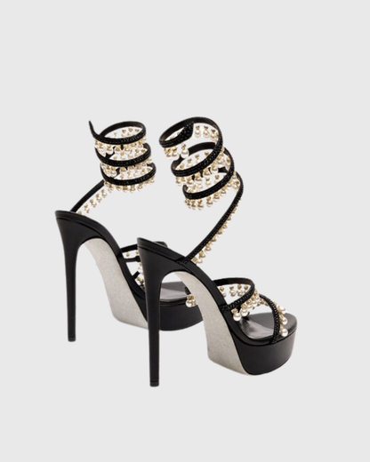 Elisa Pearl Fringe Snake Platform Sandals In Black