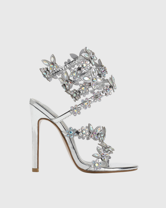 Elisa Rhinestone Butterfly Embellished Snake Sandals In Silver