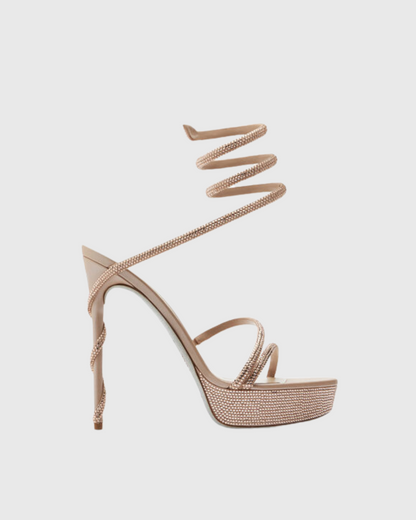 Elisa Rhinestone Embellished Snake Platform Sandals In Beige