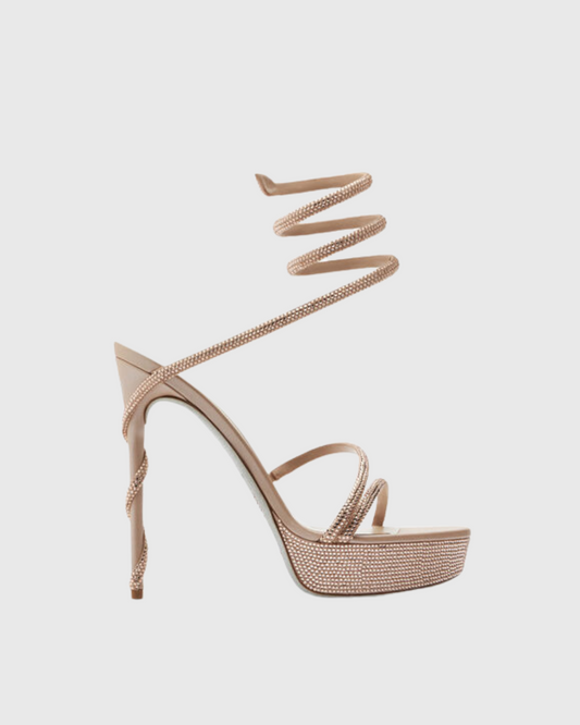 Elisa Rhinestone Embellished Snake Platform Sandals In Beige