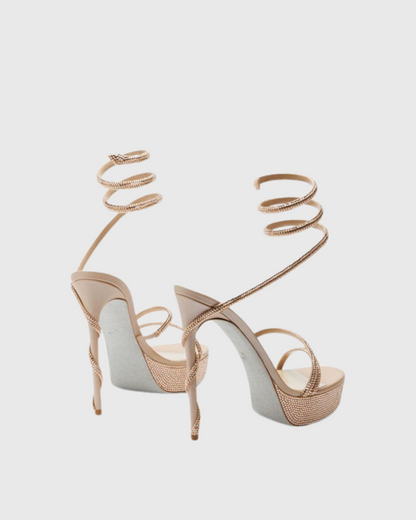 Elisa Rhinestone Embellished Snake Platform Sandals In Beige