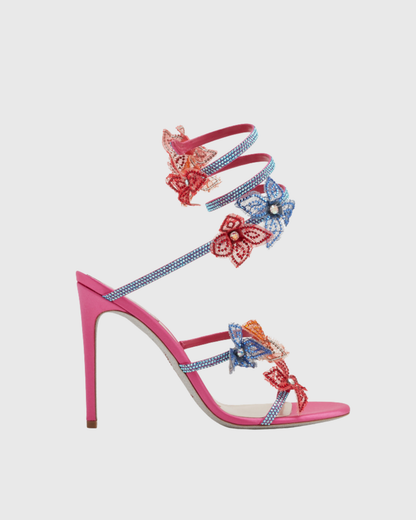 Elisa Flower Embellished Snake Sandals In Hot Pink