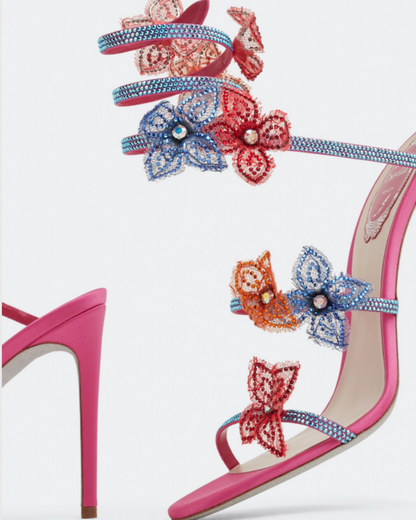 Elisa Flower Embellished Snake Sandals In Hot Pink
