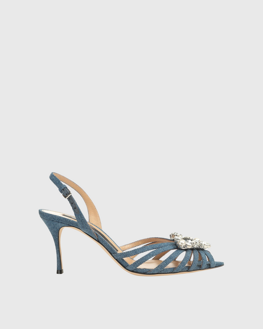 Emilee Diamond Triangle Slingback Cage Sandals In Denim Blue